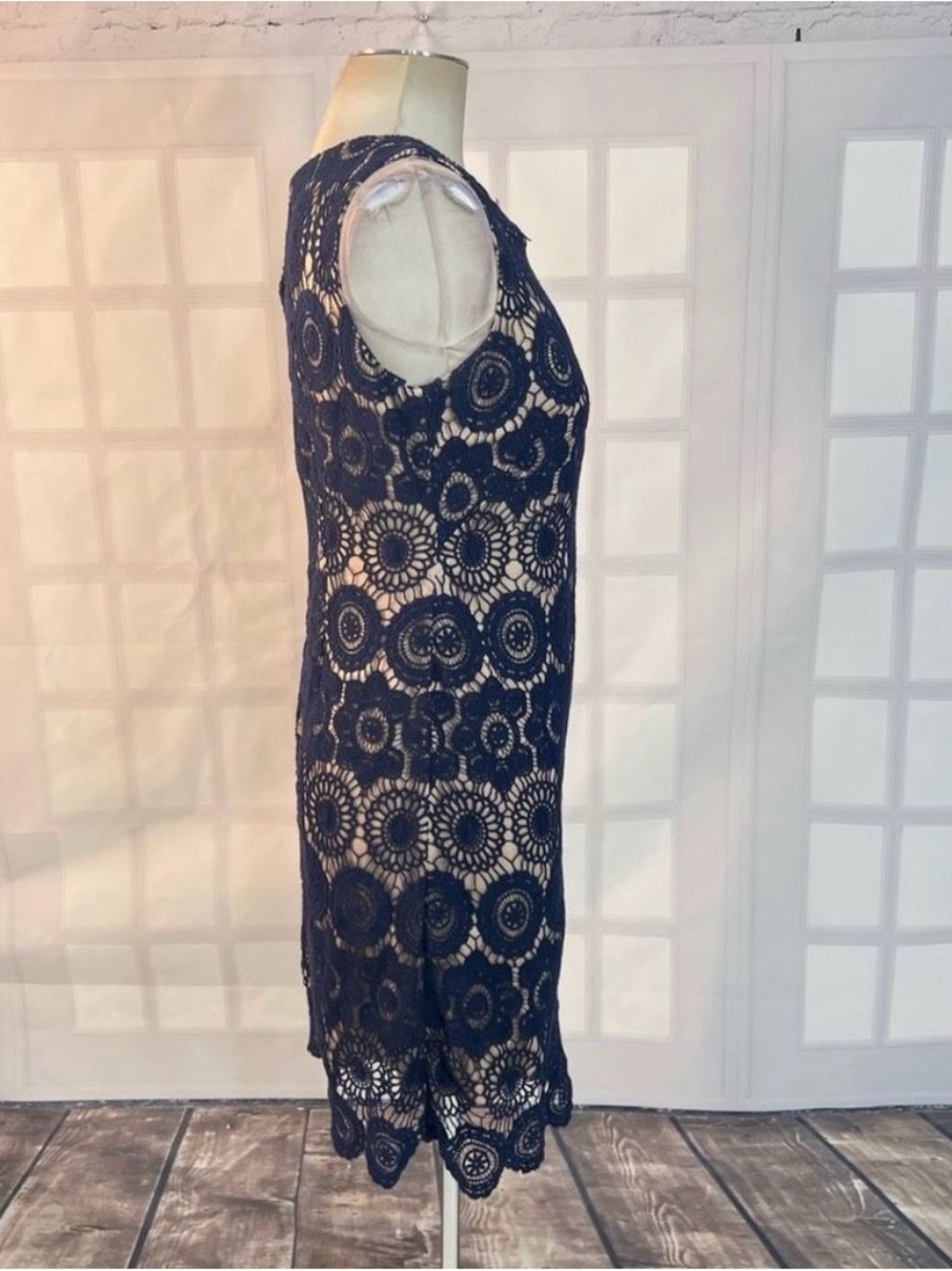 Eliza J Sleeveless Navy Lace Nude-Lined Sheath Overlay Dress Size 4 NWOT - Picture 4 of 10